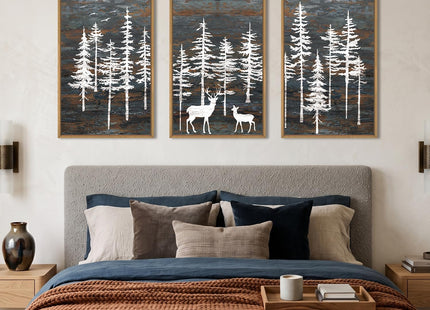 Celestdeco Vintage Pine Tree Deer Framed Canvas Wall Art Set-24"x36" x3