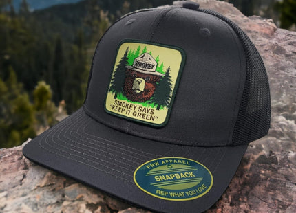 PNW Apparel Smokey the Bear Keep it Green Snapback Trucker Hat with Smokey the Bear Woven Patch (Grey/Black)