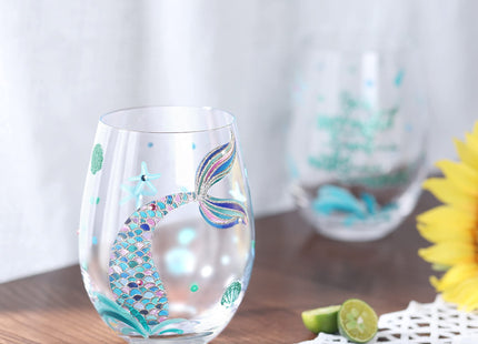 NymphFable Mermaid Set of 2 Hand-Painted Stemless Wine Glasses, 18 oz