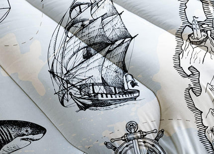 Retro Ocean World Map Comforter Set Queen, Pirate Ship Anchor Compass