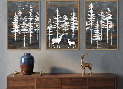Celestdeco Vintage Pine Tree Deer Framed Canvas Wall Art Set-24"x36" x3