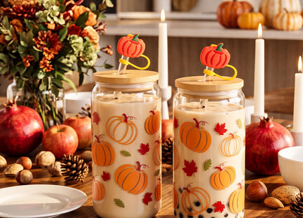 16 oz Fall Pumpkin Glass Cup With Lid & Straws Pumpkin Gifts for Women