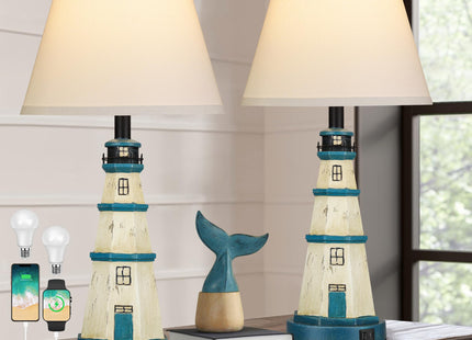 Lighthouse Nautical Table Lamps, Resin Bedside Lamps Set of 2 for Decor