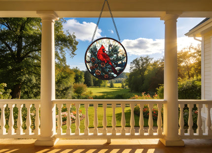 Funoasis Stained Glass Window Hanging 6.3 Inches Suncatcher - A Red Bird Stands On A Pine Tree Covered in Pinecones Ornaments Sun Catcher Home Decor Women Birthday