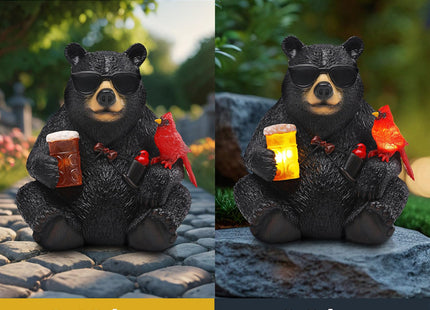 YHSOLAR Solar Black Bear Statue for Garden with Beer and Cardinals