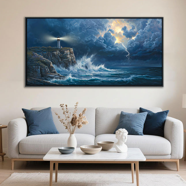 YDYSUNE Large Wall Art Framed Coastal Canvas Wall Decor Painting Navy Blue Picture,ocean decor Lighthouse Artwork for Dining Room,Living Room,Bedroom Decoration Size 24x48 Inches