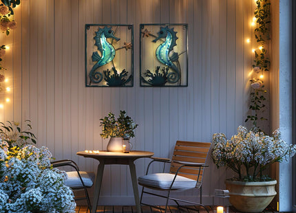 LIFFY Metal Wall Art Seahorse with Frame 13 LED lights,Beach Decor Fish Glass Sculpture Coastal Wall Hanging Ocean Theme Nautical Outdoor Decor for Patio,Garden,Yard,Pool,home gift(2pcs, Blue)