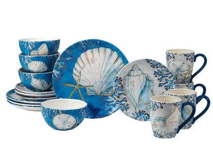 Playa Shells 16-Piece Coastal Dinnerware Set Service for 4 – Ceramic Plates, Bowls & Mugs with Beach Shell Art – Great for Everyday Dining, Entertaining, Beach House, or Nautical Décor