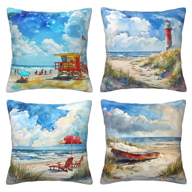 Coastal Beach Ocean Pillows Cover Set of 4 Lighthouse Boat Chair Decor Throw Pillow Covers Summer Pillowcase Cushion Case Nautical Pillow Decorative for Couch Sofa Home Office Outdoors 16x16 Inch