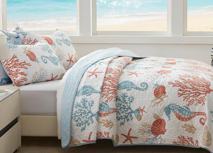 LEAONME Coastal Quilt Set Twin Size - Lightweight Microfiber Reversible Bedspread, 68''x86'', Coral, Includes 1 Sham