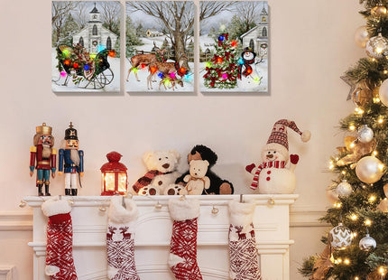 YAKESD Christmas Pictures Wall Decor, 3 Piece Sleigh Deer Snowman Poster Prints for Holiday Wall Decor, Merry Christmas Canvas Wall Art for Kitchen Bathroom Living Room