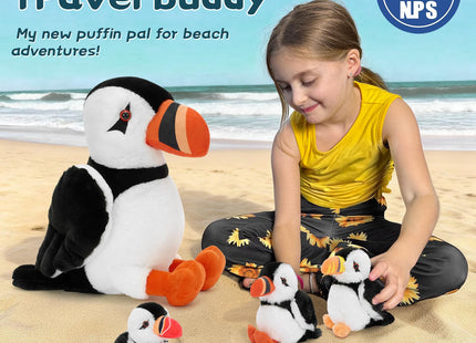 BENINY 4Pcs Puffin Stuffed Animal Set, 13.7 Inch Mommy Puffin with 3 Babies