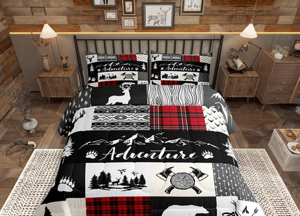 Castle Fairy Bear Deer Kids Comforter Set Twin Size,Hunt Arrow Adventure Wildlife Patchwork Bedding Set for Kids Boys Men,Red Check Boho Aztec Cabin Decor Quilted Duvet Set with 1 Pillowcase