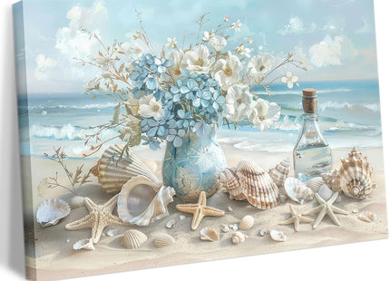 Blue Ocean Beach Bathroom Canvas Wall Art Seaside Seashell Painting Picture Wall Decor Starfish with White Flower Coastal Poster Print Artwork for Living Room Bedroom Bathroom Decor 12x16 in Canvas
