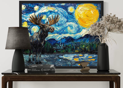 Moose Unframed Art Print Poster, Animal Van Gogh Starry Night Nature Theme Wall art Painting Decor, Art Home Artwork For Bedroom, Bathroom Living Room 79B (Moose, 36"L x 24"W, Unframed)