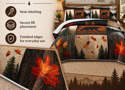 AILONEN Rustic Bear Quilt Set Queen Size,Western Bedspread Bedspread Coverlet with 2 Pillowcases,3-Piece Bear Walk Cabin Plaid Bedding Set