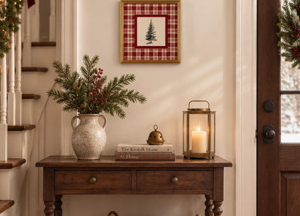 TwoDays Vintage Christmas Wall Art, Red Plaid Pine Tree Gold Framed Print