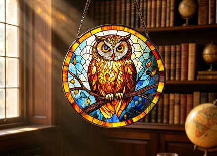 Stained Glass Owl Suncatcher, 7.8’’ Bird Window Hanging Gift for owl Lovers