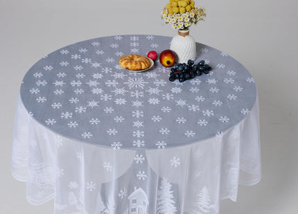 White Snowflakes Reindeer Xmas Embroidered Lace Round Tablecloth, 70 Inch