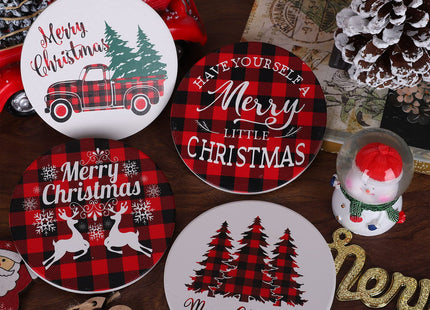 Whaline Merry Christmas Coasters Set of 4 Red Black Buffalo Plaids Drink Coaster Xmas Tree Truck Reindeer Absorbent Ceramic Coaster Holiday Cup Mat for Mugs Cups Home Kitchen Office Party Table Decor