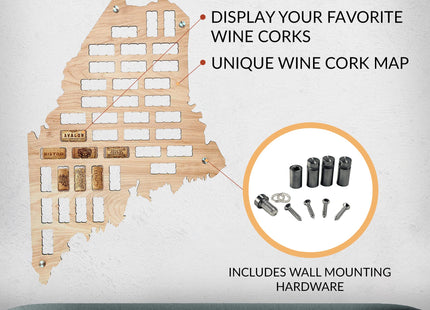 Wooden Shoe Designs Cork Map - Maine | Wall Mounted Wine Cork Holder Decor Display Art | Great Gift for Lovers and Collectors