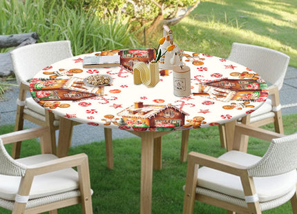 Christmas Round Fitted Tablecloth with Elastic for 36-40" Table Gingerbread