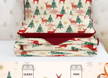 Dinjoy Quilt Set Queen Christmas,Red Beige Bedspreads Holiday Bedding Set Queen Size 3 PCs Xmas Tree Reindeer Snowflake Rustic Lodge Coverlet Set Gifts for Family Bed 90" x 96"