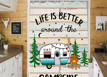 JAWO RV Camper Shower Curtain, Life is Better Around The Campfire Retro Wood Plank Camper Trailer Pine Tree Print Waterproof Fabric Curtain for RV Bathroom Camping Themed Home Decor, 47X64inch