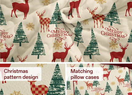 Dinjoy Quilt Set Queen Christmas,Red Beige Bedspreads Holiday Bedding Set Queen Size 3 PCs Xmas Tree Reindeer Snowflake Rustic Lodge Coverlet Set Gifts for Family Bed 90" x 96"