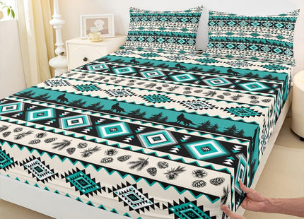 Manfei Aztec Geometric Bed Sheets Twin Size,Southwest Tribal Ethnic Easy Wash Bedding Set,Wolf Rustic Cabin Kids Room Decor,Beige Retro Sheet(Fitted+Flat+1 Pillowcase)