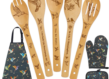 Hummingbird Gifts for Women,8pcs Hummingbird Bamboo Cooking Utensil Spoons with Apron Oven Mitt Potholder,Personalized Hummingbird Gift for Mom,Housewarming Kitchen Decor,Easter,Birthday,Mother's Day