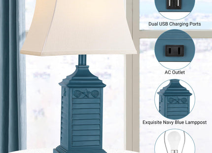 Set of 2 Table Lamps for Living Room Bedrooms, Coastal Nautical Navy Blue Bedside Nightstand Lamp with 2 USB Ports 1 AC Outlet, 3-Color Temperature Farmhouse Beach End Tables Lamp with LED Bulbs