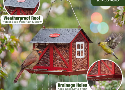 Kingsyard Metal Bird Feeder for Outdoors Hanging, 2-in-1 Wild Bird Feeder with Seed Tray & Built-in Perch, 5 lb Large Capacity for Cardinal Chickadee Finch, Red
