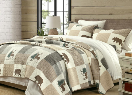 EWlinens Queen Quilt Set - 100% Cotton Quilt Queen Size, Farmhouse Animals Patchwork Plaid Queen Quilts Bedding Set, Forest Rustic Lightweight Comforter for Queen Bed, Green/Brown/Beige, 3 Pieces