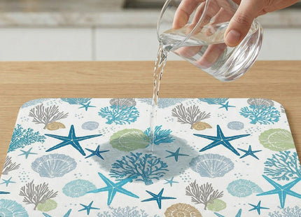 Summer Coastal Shell Dish Drying Mat for Kitchen Counter Sink, Blue Absorbent Microfiber Drying Pad, Reversible Beach Decor Countertop Mat