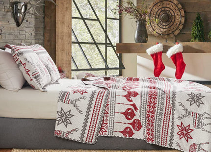 Jessy Home Christmas Quilt Set King Size Bedding Xmas Bedspread Coverlet Holiday Deer Snowflake Decor Soft Lightweight Bedding,Red White