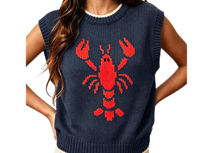 CUBRIDGE Lobster Sweater Vest Women Sweater Tank Sleeveless Knit Vests Navy