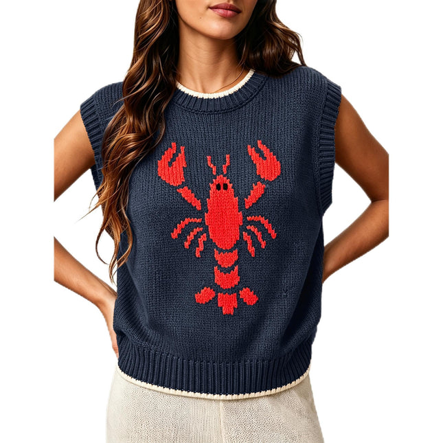 CUBRIDGE Lobster Sweater Vest Women Sweater Tank Sleeveless Knit Vests Navy