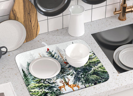 Pine Tree Dish Drying Mat for Kitchen Counter 16x18 Inch Forest Deer Absorbent Dishes Drainer Mats Reversible Microfiber Quick Dry Rack Pad