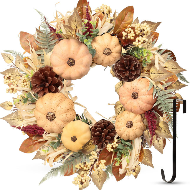 19 Inch Thanksgiving Fall Wreath for Front Door - Autumn Maples Leaf, Pumpkin, Pine Cone, Berry Decor - Farmhouse Harvest Decorations for Home, Outdoor, Indoor, Window, Wall