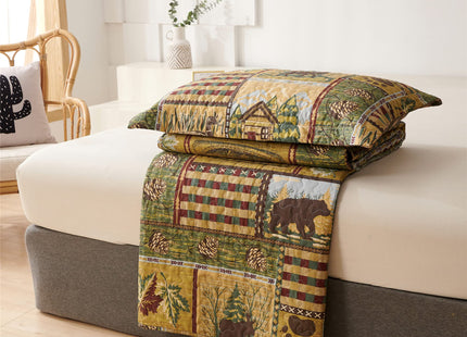 3 Piece Lodge Quilt Set King,Farmhouse Cabin Bedspread Coverlet,Rural Life Rustic Country Home Decor Bedding Set Blanket Grizzly Bears Boho Stripe Patterns Bed Set Bedroom Decoration for All Season