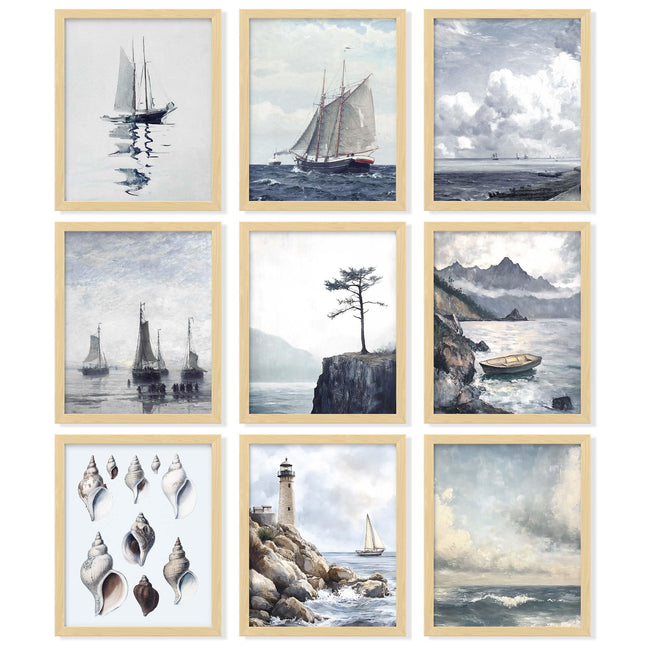 97 Decor Vintage Nautical Wall Art, 9 Coastal Ship Prints, 8x10