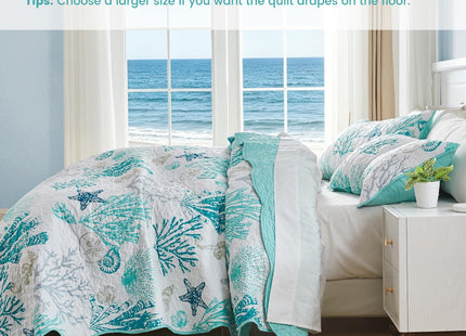 Qucover Coastal Quilt King Size 98"x106", Ocean Beach Themed Bedding with Seashell Coral Pattern, Soft Lightweight Reversible Microfiber Bedspread, Nautical Coverlet for Summer, Teal Green