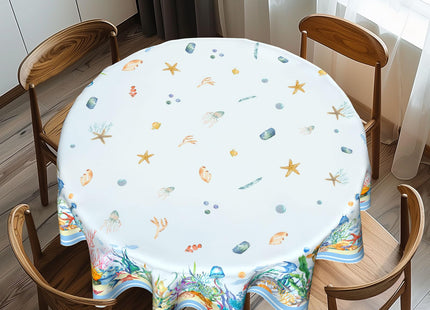 Imiss Nautical Round Table Cloth Coral Starfish Seashell Circle Tablecloth Wrinkle Resistant Washable Table Cover 60 Inch for Kitchen Dining Room Party Picnic