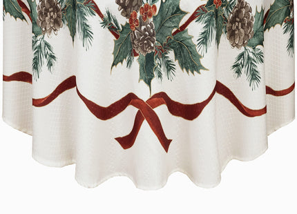 Lintex Evergreen Garland Double Ribbon Bordered Christmas Fabric Tablecloth, 70 Inch Round, Holly and Pine Cone Holiday Print, Easy Care Country Cottage Christmas Table Cover