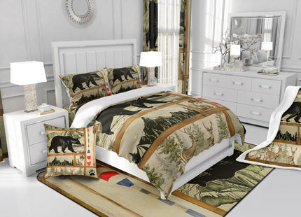 Farmhouse Hunting Bear Duvet Cover Twin, Lake House Decor Comforter Cover, Retro Woodland Lake Paddle Bedding Set, Deer Moose Wildlife Bed Cover, Rustic Buffalo Grid Quilt Cover Cabin Lodege Decor