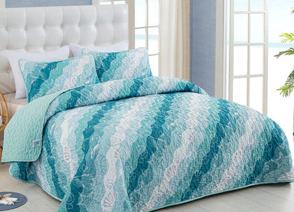 Dinjoy Coastal Quilts King Size, Blue Green Ocean Beach Themed Bedding Set