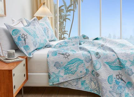 Hailea Beach Quilt Set King Size Coastal Bedding Lightweight Reversible Quilts Nautical Bedspreads Beach Theme Coverlet Set Conch Coral Shell Printed Comforter Set with 2 Pillow Shams