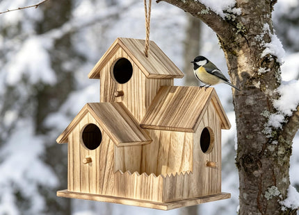BlueYu Large Wooden Bird House for Outside, 3-Hole Birdhouse, Outdoor Bird Nesting Box for Bluebird Chickadee Finch Wren, Perfect for Garden Courtyard Decoration