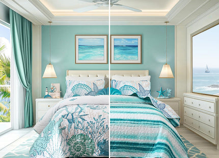 Djoymock Ocean Quilt Set Queen Size Coastal Beach Theme Bedding Lightweight Starfish Seashell Conch Bedspread Coverlet Seaweed Coral Bed Cover with 2 Pillow Shams All Season 90"x90"